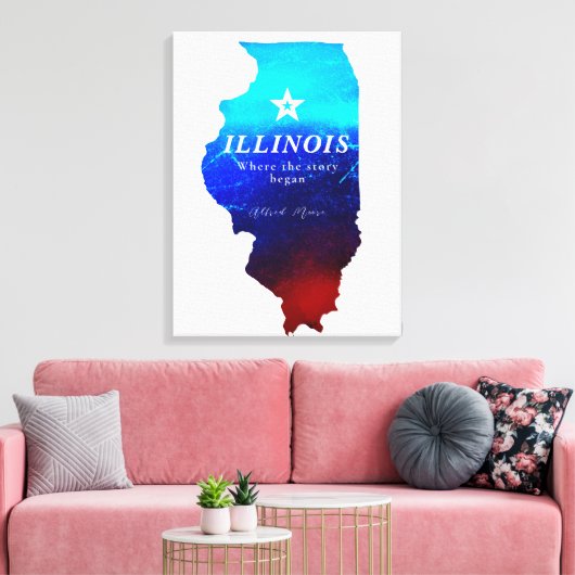 Monogram Red Blue Glitter Map of State of Illinois Canvas Afdruk (Insitu (Woonkamer))
