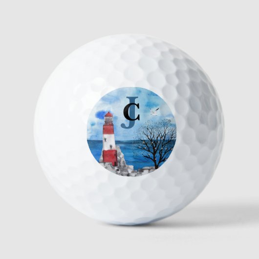 Monogram Red & Blue Lighthouse Waterverf Scene Golfballen (Voorkant)