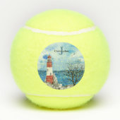 Monogram Red & Blue Lighthouse Waterverf Scene Tennisballen (Achterkant)