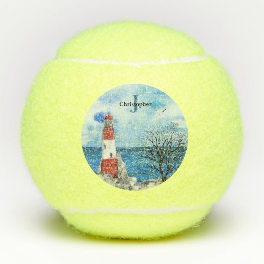 Monogram Red & Blue Lighthouse Waterverf Scene Tennisballen (Voorkant)
