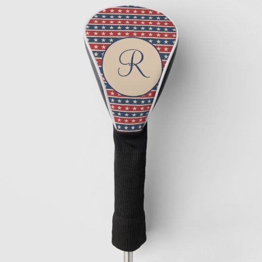 Monogram Red Blue Tan Stars Strips Patriottisch Golfheadcover (Voorkant)