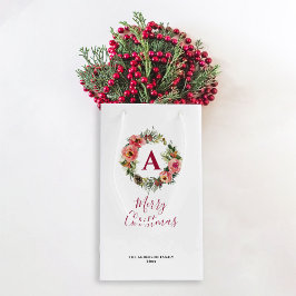 Monogram Red Botanical Pink Wreath Christmas Klein Cadeauzakje