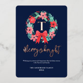 Monogram Red Bow Wreath Blue Christmas  Folie Feestdagenkaart (Voorkant)