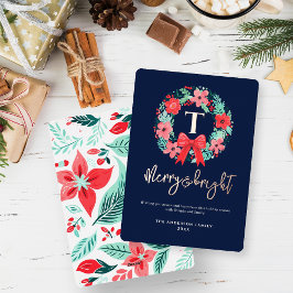 Monogram Red Bow Wreath Blue Christmas  Folie Feestdagenkaart