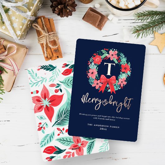 Monogram Red Bow Wreath Blue Christmas  Folie Feestdagenkaart