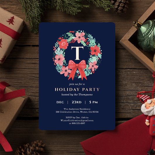 Monogram Red Bow Wreath Blue Christmas Party Gold Folie Feestdagenkaart