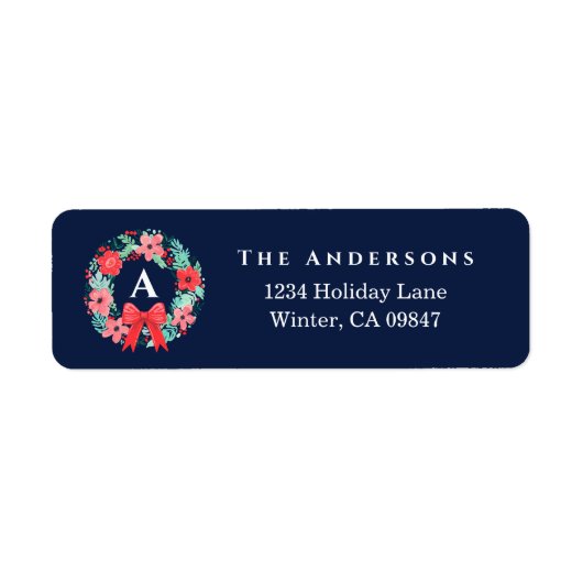 Monogram Red Bow Wreath Blue Holiday Address Label (Voorkant)