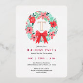 Monogram Red Bow Wreath Christmas Party Gold Folie Feestdagenkaart (Voorkant)