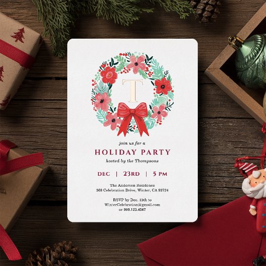 Monogram Red Bow Wreath Christmas Party Gold Folie Feestdagenkaart