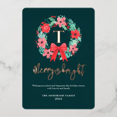 Monogram Red Bow Wreath Green Christmas Folie Feestdagenkaart (Voorkant)