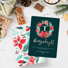 Monogram Red Bow Wreath Green Christmas  Folie Feestdagenkaart
