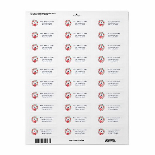 Monogram Red Bow Wreath Holiday Address Label (Full Sheet)