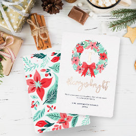Monogram Red Bow Wreath White Christmas  Folie Feestdagenkaart