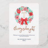 Monogram Red Bow Wreath White Christmas Folie Feestdagenkaart (Voorkant)