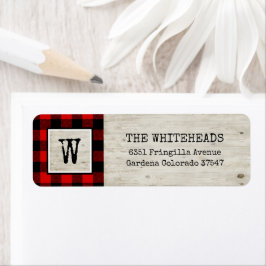 Monogram Red Buffalo Pset Rustic Wood Holiday Etiket