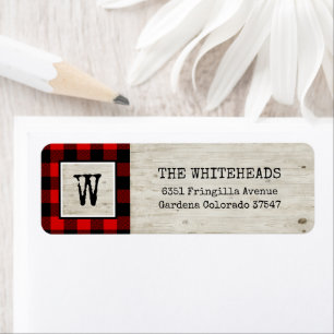 Monogram Red Buffalo Pset Rustic Wood Holiday Etiket