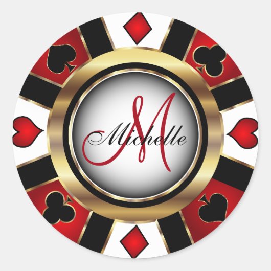 Monogram Red Casino Poker Chip Design Ronde Sticker (Voorkant)