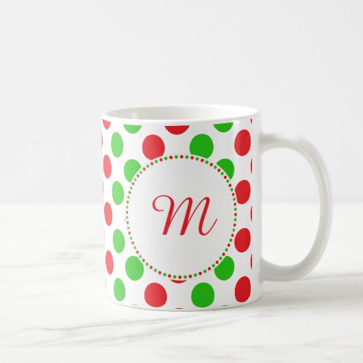 Monogram Red en Green Polka Dot Pattern Kerstmis Koffiemok (Rechts)