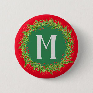 Monogram Red en Green Wreath Ronde Button 5,7 Cm