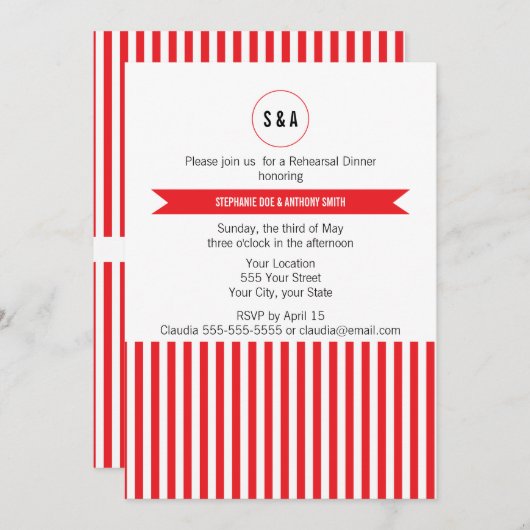 Monogram Red en White Stripes Pattern Rehearsal Kaart (Voorkant / Achterkant)