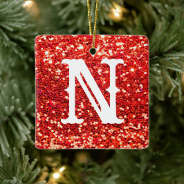 Monogram Red Glitter Metallic Kerstfeestdag Keramisch Ornament