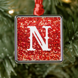 Monogram Red Glitter Metallic Kerstfeestdag Metalen Ornament