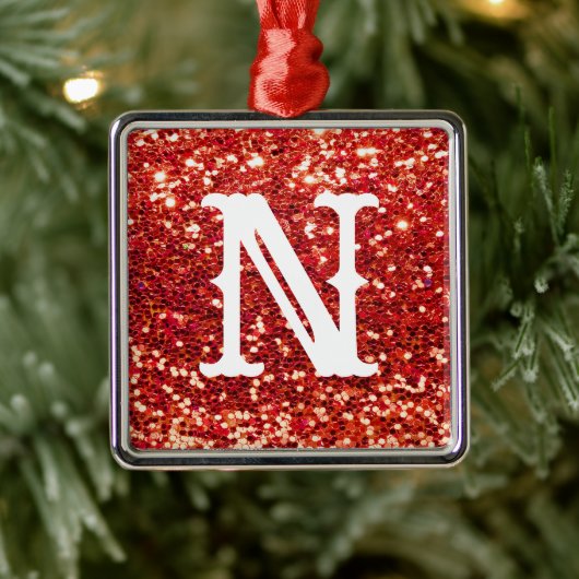 Monogram Red Glitter Metallic Kerstfeestdag Metalen Ornament (Boom)