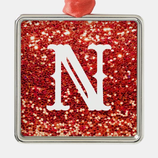 Monogram Red Glitter Metallic Kerstfeestdag Metalen Ornament (Voorkant)