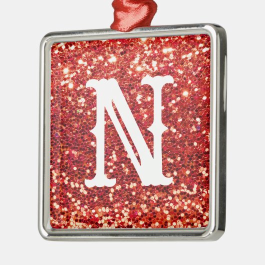 Monogram Red Glitter Metallic Kerstfeestdag Metalen Ornament (Links)