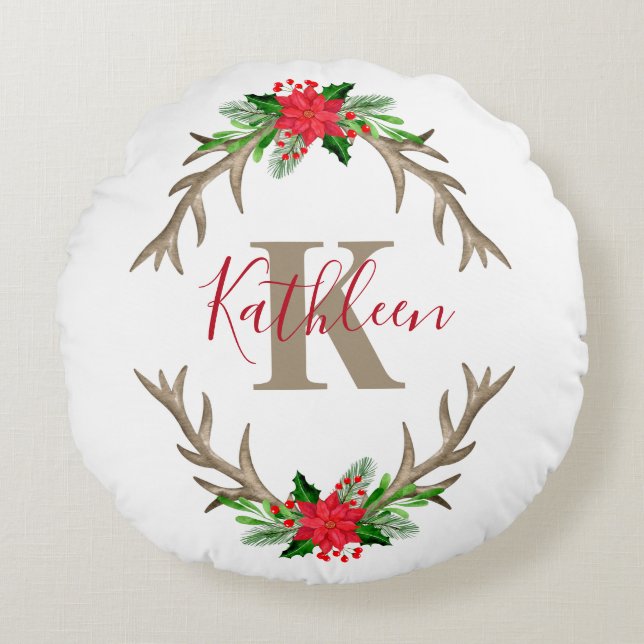 Monogram Red Green Kerstmis Floral Antlers Rond Kussen (Voorkant)