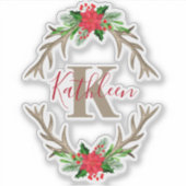 Monogram Red Green Kerstmis Floral Antlers Sticker (Voorkant)
