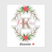 Monogram Red Green Kerstmis Floral Antlers Sticker (Vel)