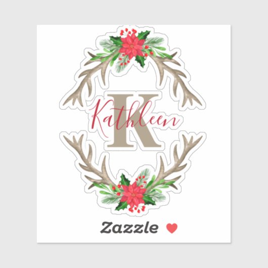 Monogram Red Green Kerstmis Floral Antlers Sticker (Vel)