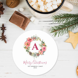 Monogram Red Greenery Pink Wreath Christmas  Ronde Kartonnen Onderzetter