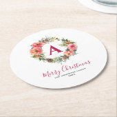 Monogram Red Greenery Pink Wreath Christmas Ronde Kartonnen Onderzetter (Gebogen)