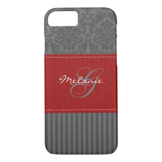 Monogram Red, grijs Damask Stripe iPhone 7 Hoesje (Achterkant)