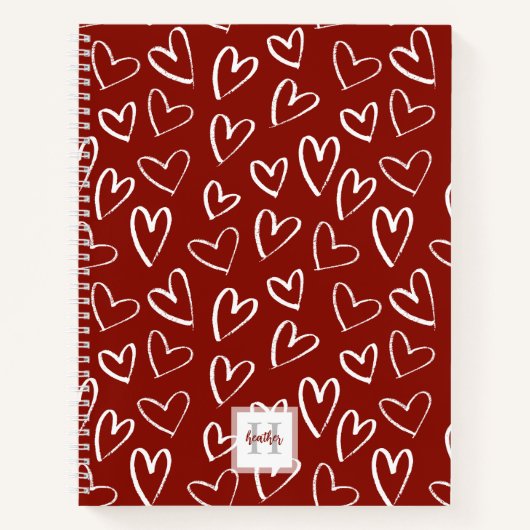 Monogram Red Heart Pattern Sketchbook Notitieboek (Voorkant)