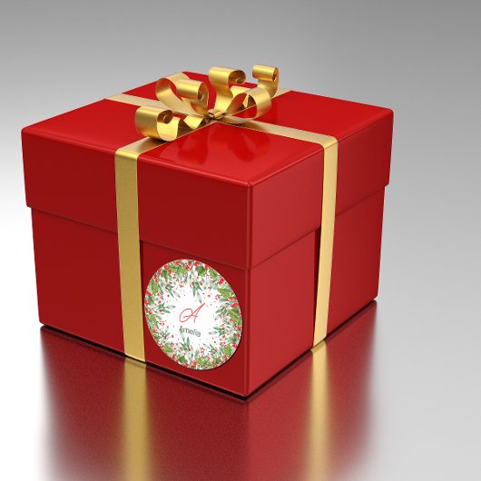 Monogram Red Kerstmis Greenery Classic Round St Ronde Sticker