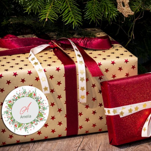 Monogram Red met Kerstmis Greenery Ronde Sticker