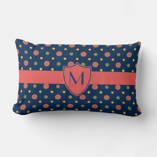 Monogram Red Navy Polka Dots Lumbar Pillow Kussen (Voorkant)
