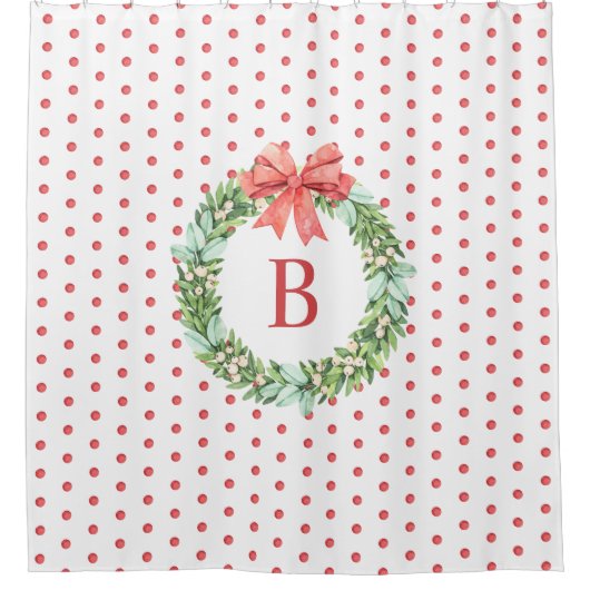 Monogram Red Polka Dot Kerstmis met schoenpooier Douchegordijn (Voorkant)