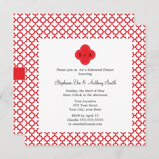 Monogram Red Quatrefoil Pattern Rehearsal Dinner Kaart (Voorkant / Achterkant)