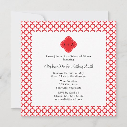 Monogram Red Quatrefoil Pattern Rehearsal Dinner Kaart (Voorkant)