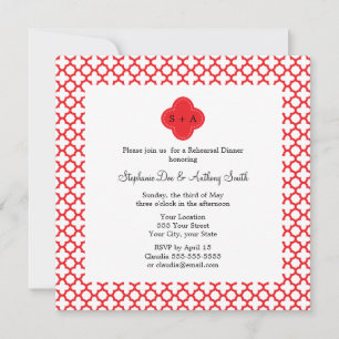 Monogram Red Quatrefoil Pattern Rehearsal Dinner Kaart