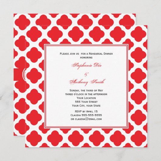 Monogram Red Quatrefoil Pattern Rehearsal Dinner Kaart (Voorkant / Achterkant)
