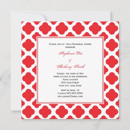 Monogram Red Quatrefoil Pattern Rehearsal Dinner Kaart (Voorkant)