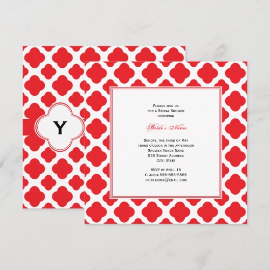 Monogram Red Quatrefoil Pattern Vrijgezellenfeest Kaart (Voorkant / Achterkant)