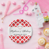 Monogram Red Quatrefoil Pattern Weddenschap Papieren Bordje (Feest)