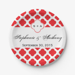 Monogram Red Quatrefoil Pattern Weddenschap Papieren Bordje