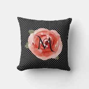 Monogram Red Rose Black White Polka Dots Kussen